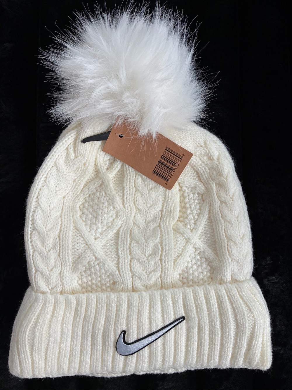 NWT Off White Nike Beanie Knit Cap w/ Fuzzy Ball